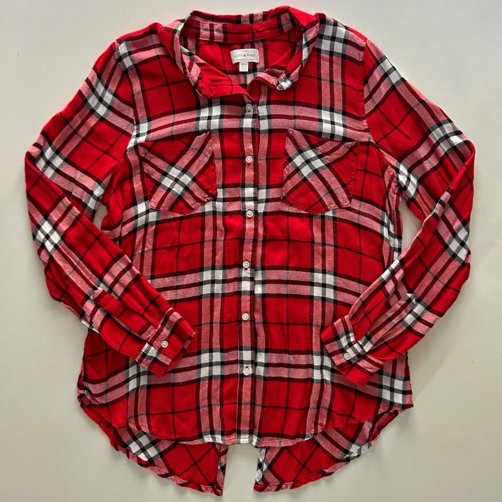 Lucky Brand Red Plaid Button Down Shirt High-Low Slit Back Size M Spring Top